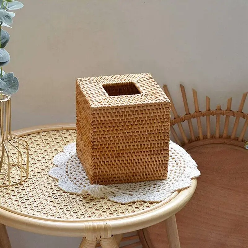 Handmade Rattan Weaving Tissue Case Napkin Holder For Living Room Table Tissue Boxes Container Home Car Papers Dispenser Holder