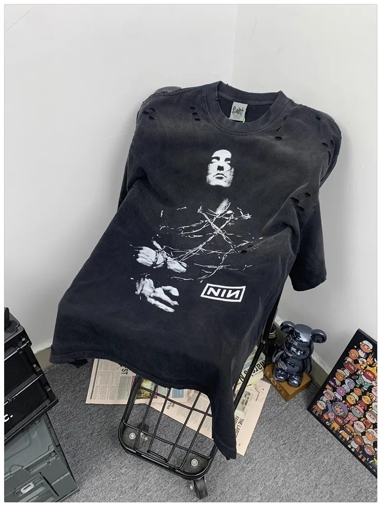 

Saint T Shirt Men Women High Quality Washed Heavy Pure Cotton Short-sleeved Ripped Tee