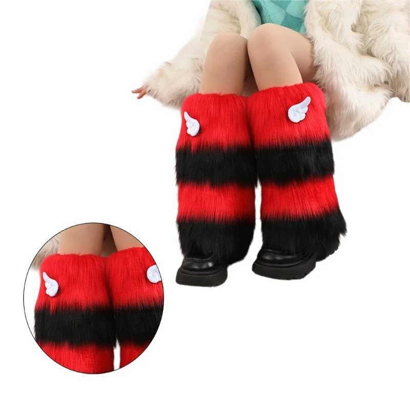 Women 3D Wing Leg Warmer Japanese Winter Colorblock Fuzzy Plush Boot Cuffs Wholesale