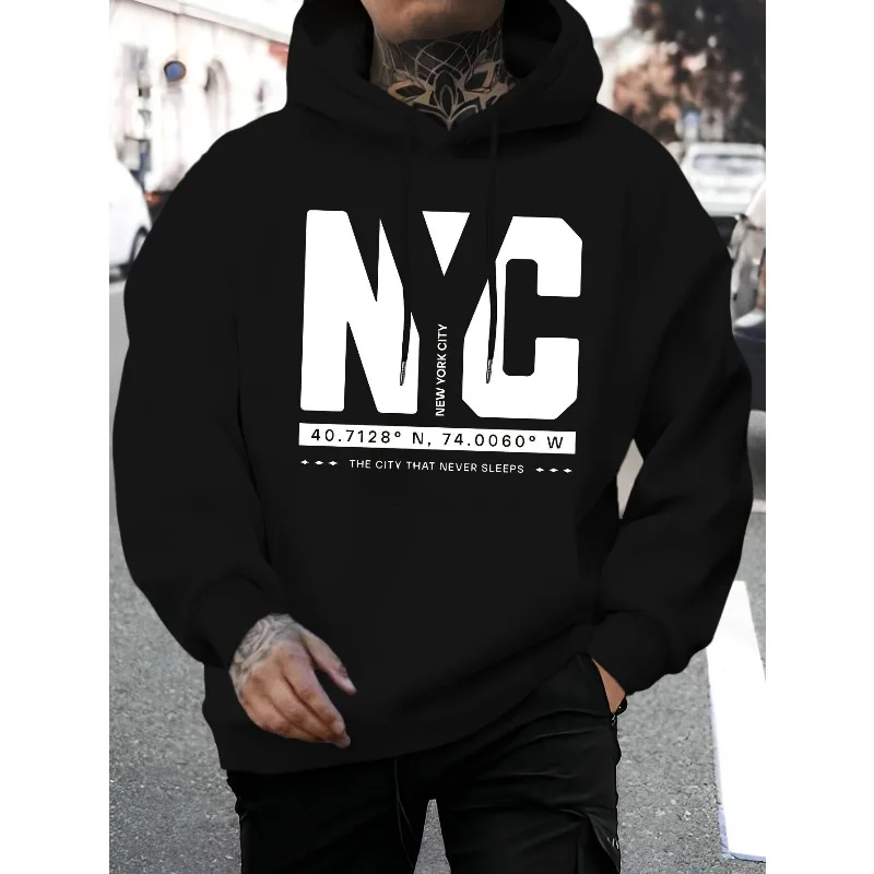 

Men's Nyc Pattern Hoodie, Soft Cotton-blend Long-sleeved Jumper Eye-catching, Printed All-season Casual Sweater Regular Version