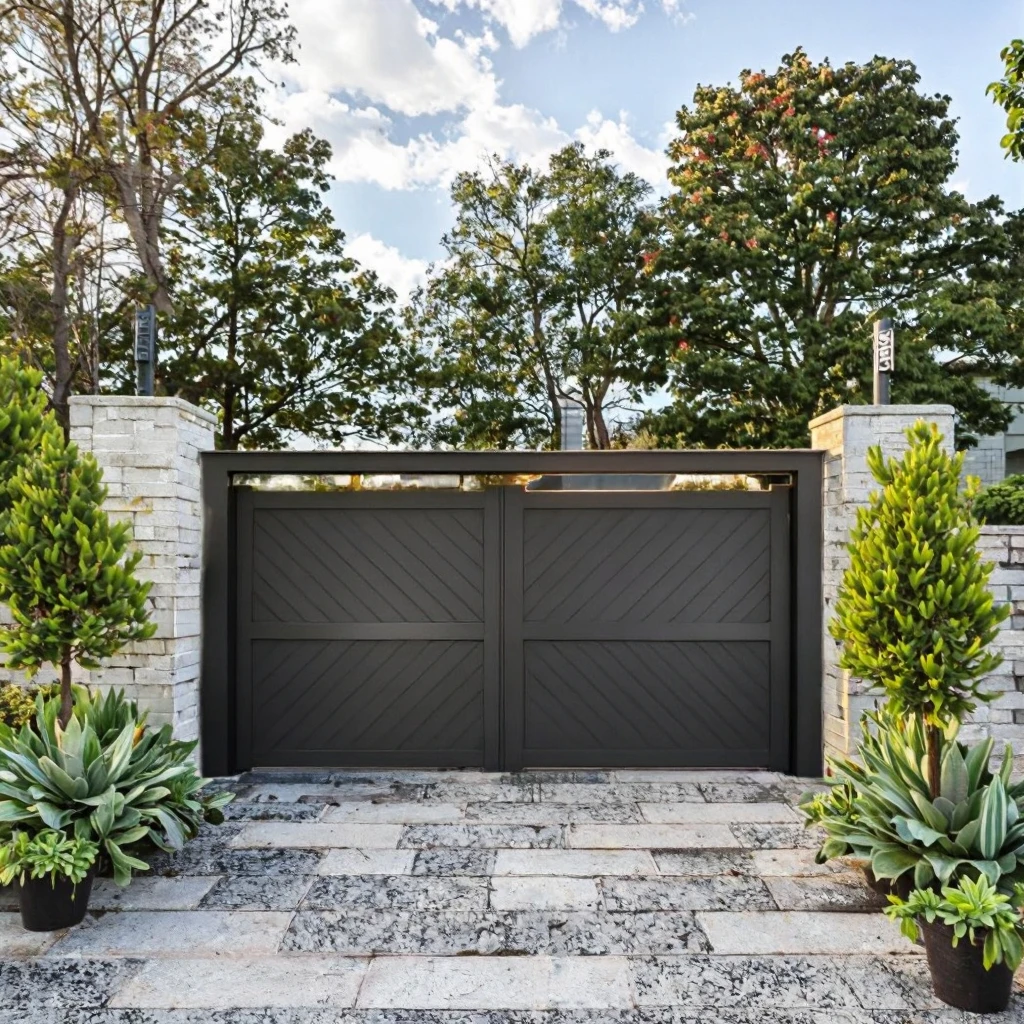 *& Double Panel Aluminum Driveway Entry Gate Automatic Smart Lock Dark Jet Black Herringbone Slat Modern Luxury Home Exterior