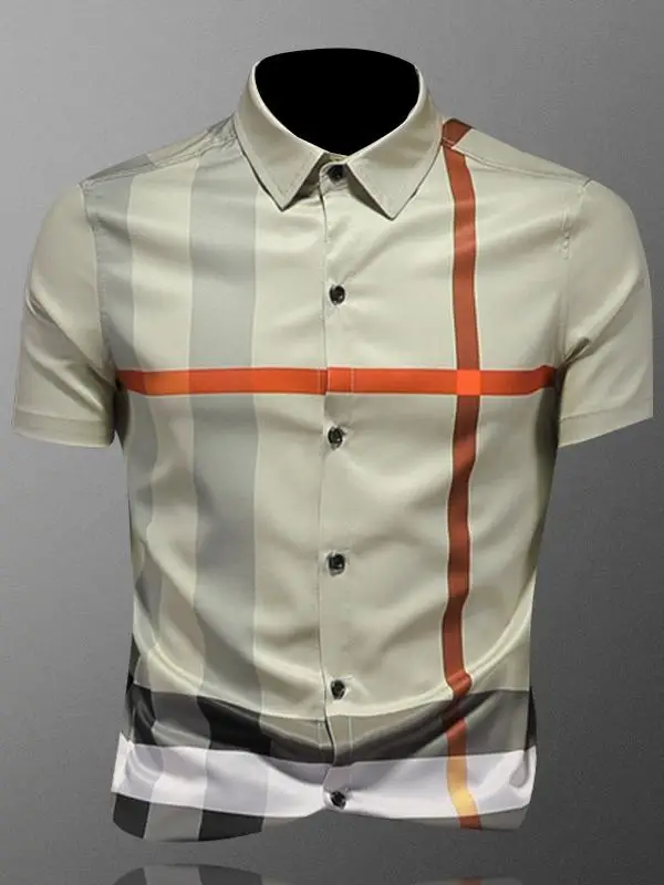 

Men's Short Sleeve Plaid Shirt Thin Fashionable Korean Style Summer Stripe Shirt Regular Fit Printed Polyester Fiber Urban Ve...