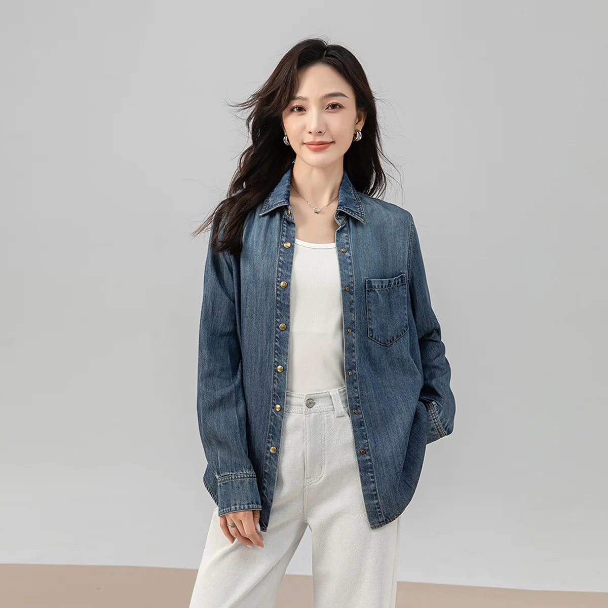 

Vintage New Fashion Kongkong Style Women's Retro Blue Casual Trendy Loose Long Sleeve Turn-down Collar Denim Shirts Female Coat