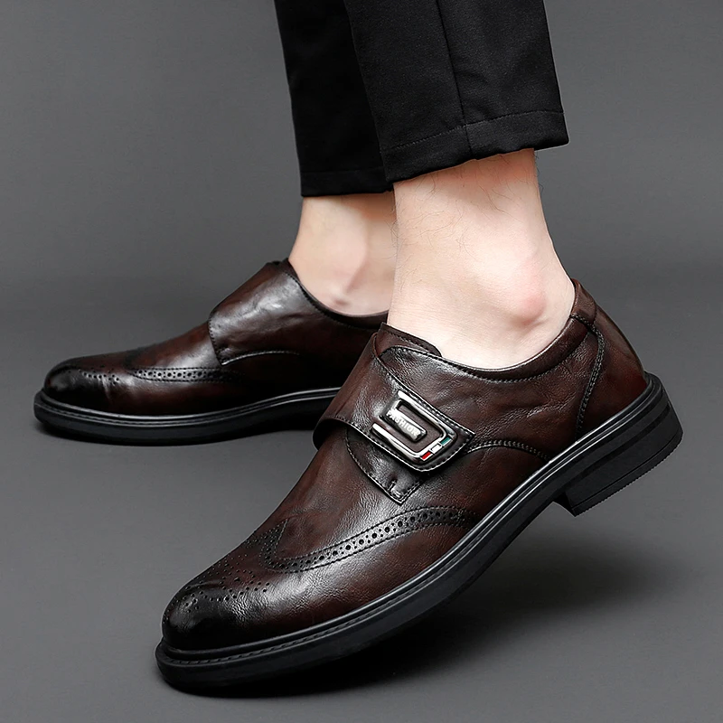 Business Pointed Leather Shoes British Style Brown Loafers Shoes Fashion Business Formal Wear Low-heeled Casual Moccasin Wedding