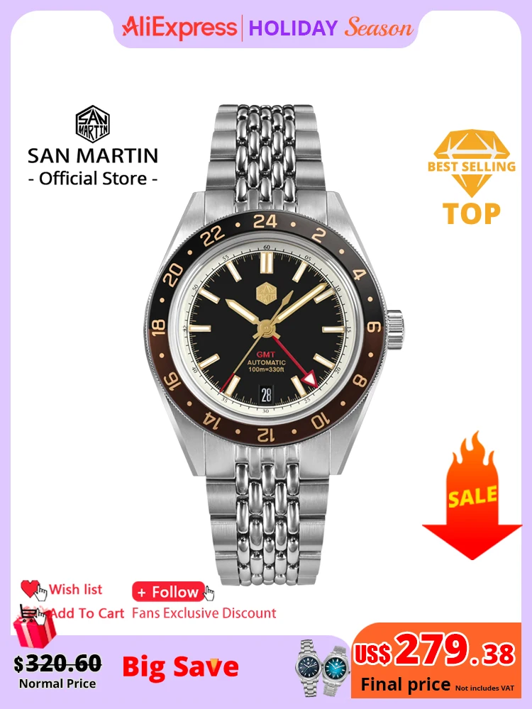 

San Martin Новые мужские часы NH34 GMT 39,5 мм, двунаправленный алюминиевый безель, роскошные автоматические механические сапфировые часы, 10 бар, светящиеся SN0116