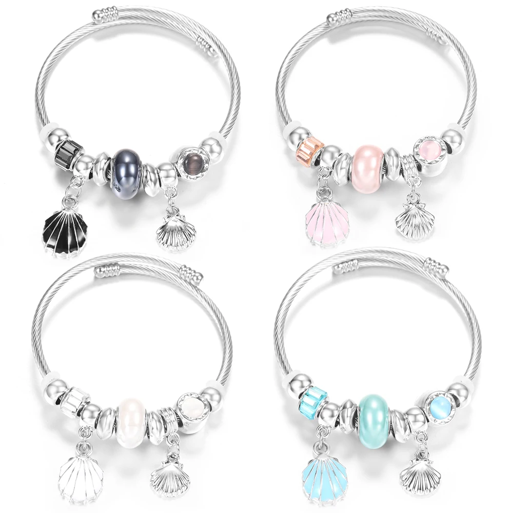 New Trendy INS Style Stainless Steel 4 Colors Bracelet Closure Shell Painted Pendant Beaded Bangles Charm Women Bracelet Jewelry