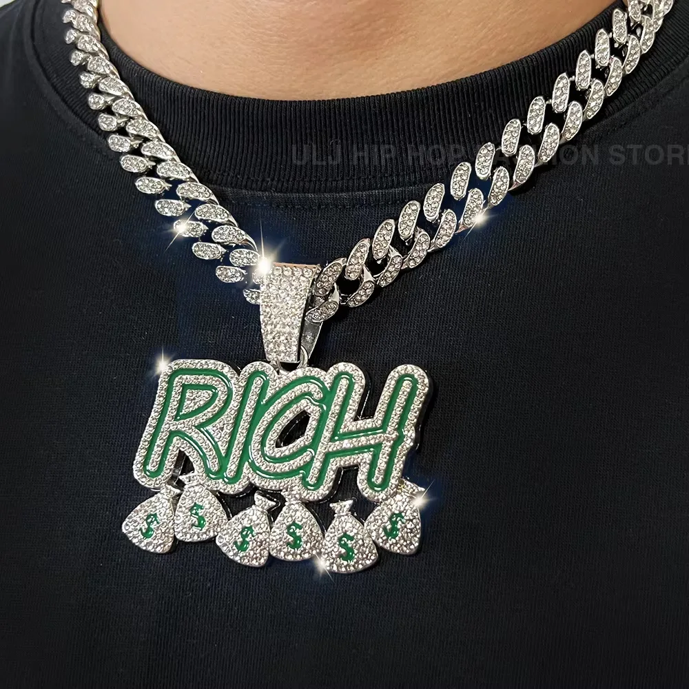 Hip Hop Men Women Become Rich Money Bag Pendant Necklace，With 13mm Miami Cuban Link Chain Necklaces Trendy Dollar Sign Neck Wear