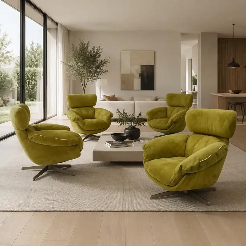 Luxury eco-friendly ergonomic design swivel velvet living room armchair with metal base and upholstered, suitable for home