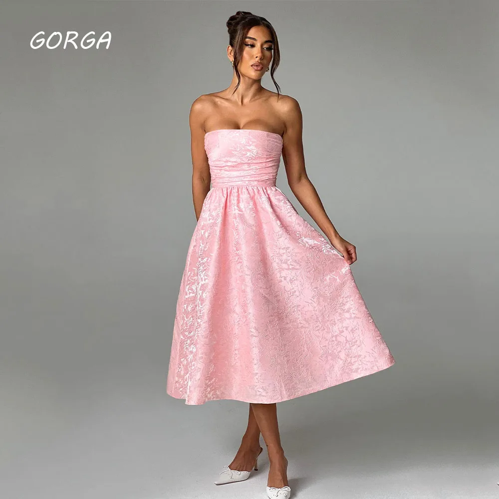

GORGA Simple Pink Strapless A-LINE 2024 Slim Backless Lace Up Satin Ocassion Gown Tea-Length Formal Evening Dress Party Dress