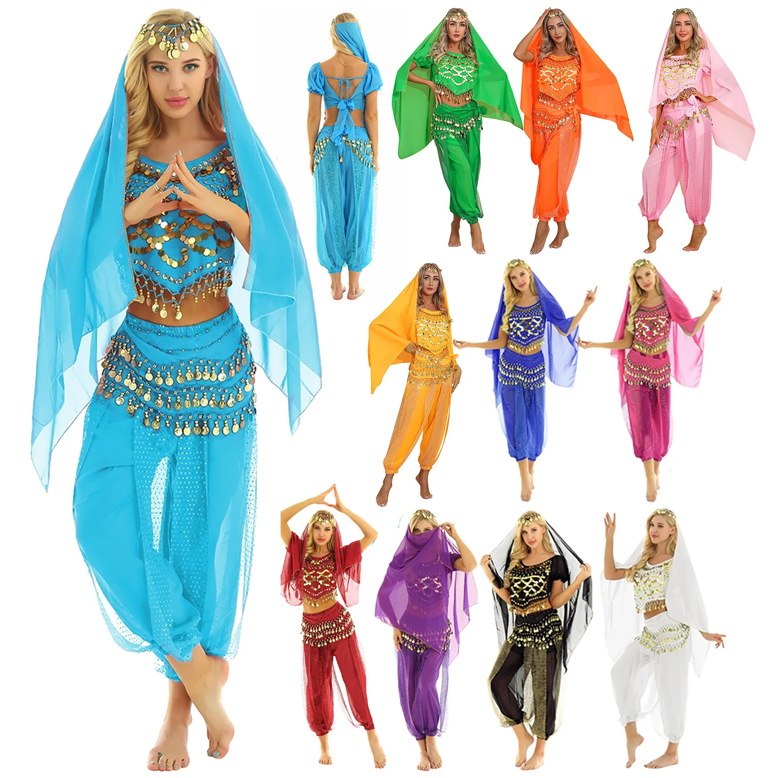 Women Belly Dance Costume Tank Top with Harem Pants Hip Scarf Halloween Carnival India Arabian Stage Performance Dance Outfits