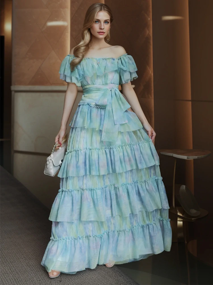 

SEQINYY Elegant Long Dress Summer Spring New Fashion Design Women Runway Cascading Ruffles Vintage Print Party Holiday Belt