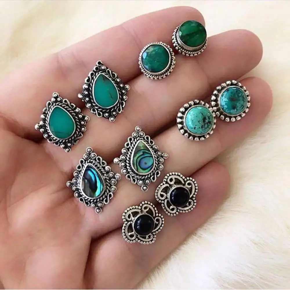 5 Pair Women Bohemia Faux Turquoise Flower Water Drop Ear Stud Earrings Jewelry