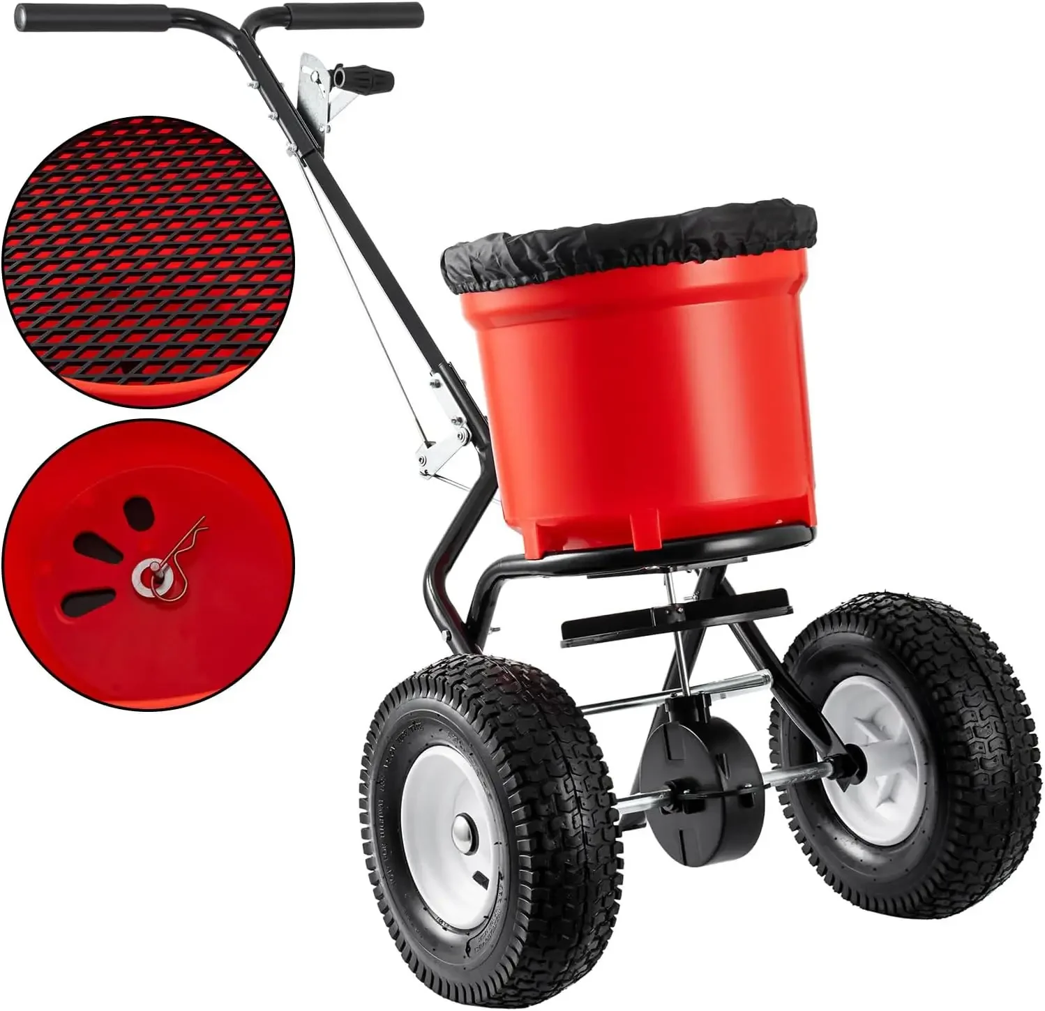 

Walk Behind Broadcast Spreader Fertilizer Seed Salt 90LBS 125 Inch All Terrain Pneumatic Tires