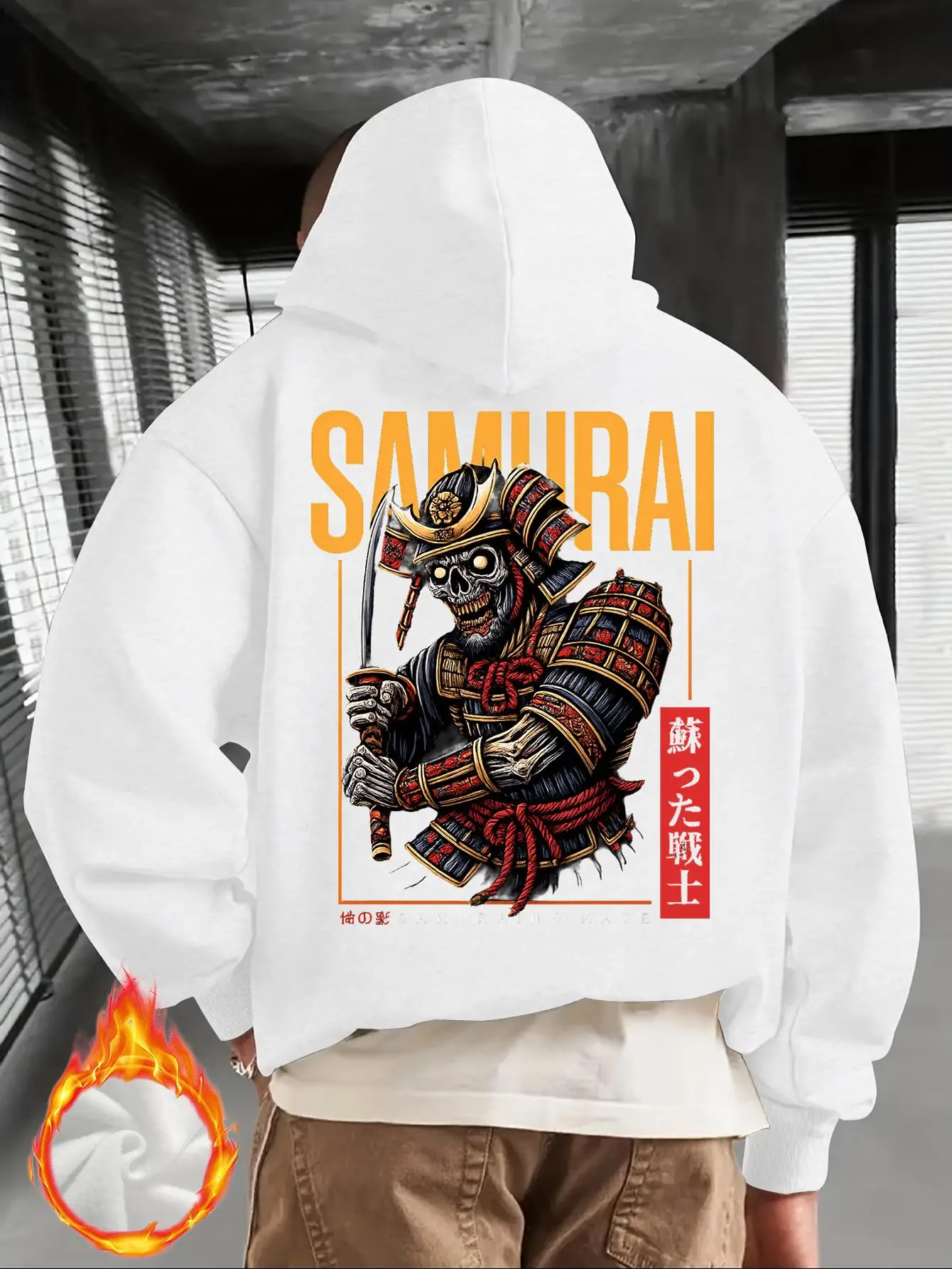Men's Fall/Winter American-style street hip-hop casual sports Sam Warrior printed long-sleeved fleece warm-up hoodie with hood.