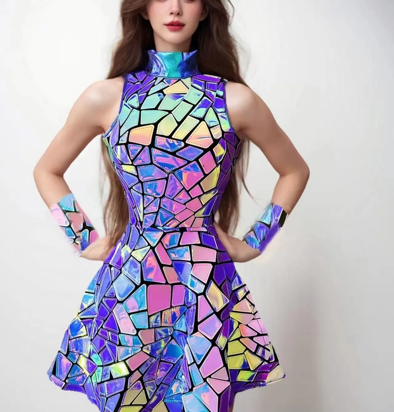 Shiny Purple Blue Laser Mirror Nightclub Dress Sleeveless Bar Dj Gogo Dancer Singer Stage Costume Female Evening Birthday Outfit