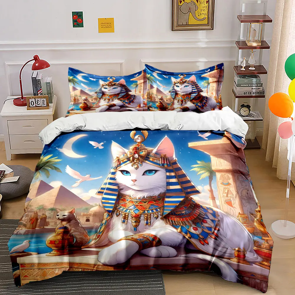 

Egyptian-styled white cat with pyramids Print Soft Comfortable Duvet Cover Bedding Set Included 1*Duvet Cover 2*Pillowcases