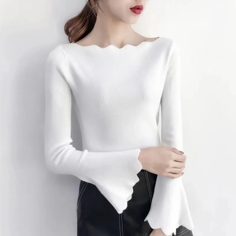 Fashion Solid Color Slash Neck Ruffles Flare Sleeve Blouses Female Clothing 2023 Autumn Winter New Korean Tops All-match Shirts