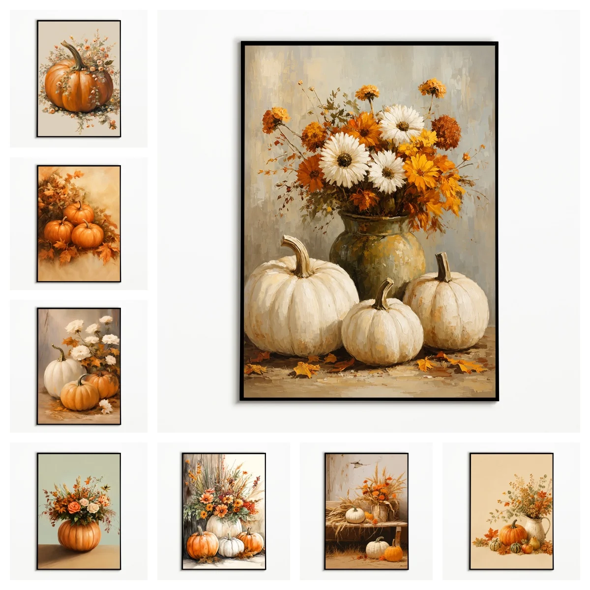 1PC Autumn Pumpkin Flower Poster  Thanksgiving Rural Harvest Wall Art  Retro Halloween Decoration Canvas Printing Fall Gift