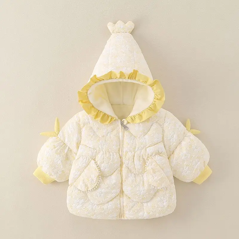 2024 Baby Girls Winter Hooded Coats Fashion Lace Cotton Padded Velvet Warm Tops Clothes Kids Children Princess Overcoats
