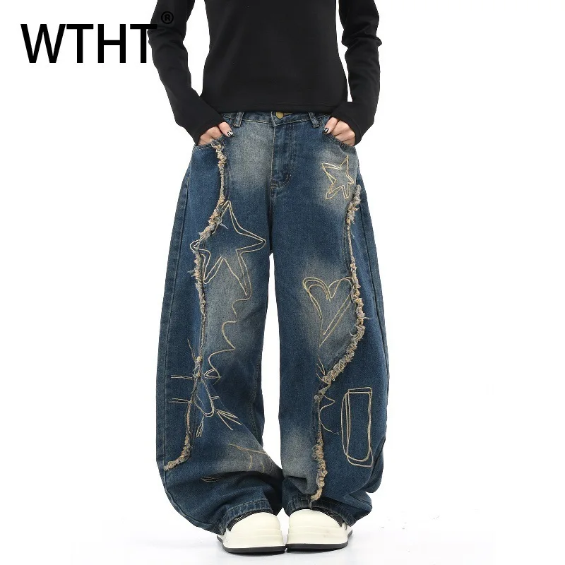 WTHT Fashion Men's Gradient Embroidery Burr Edge Denim Pants Vintage Wide Leg Straight Casual Jeans Male 2025 Autumn 2A2416