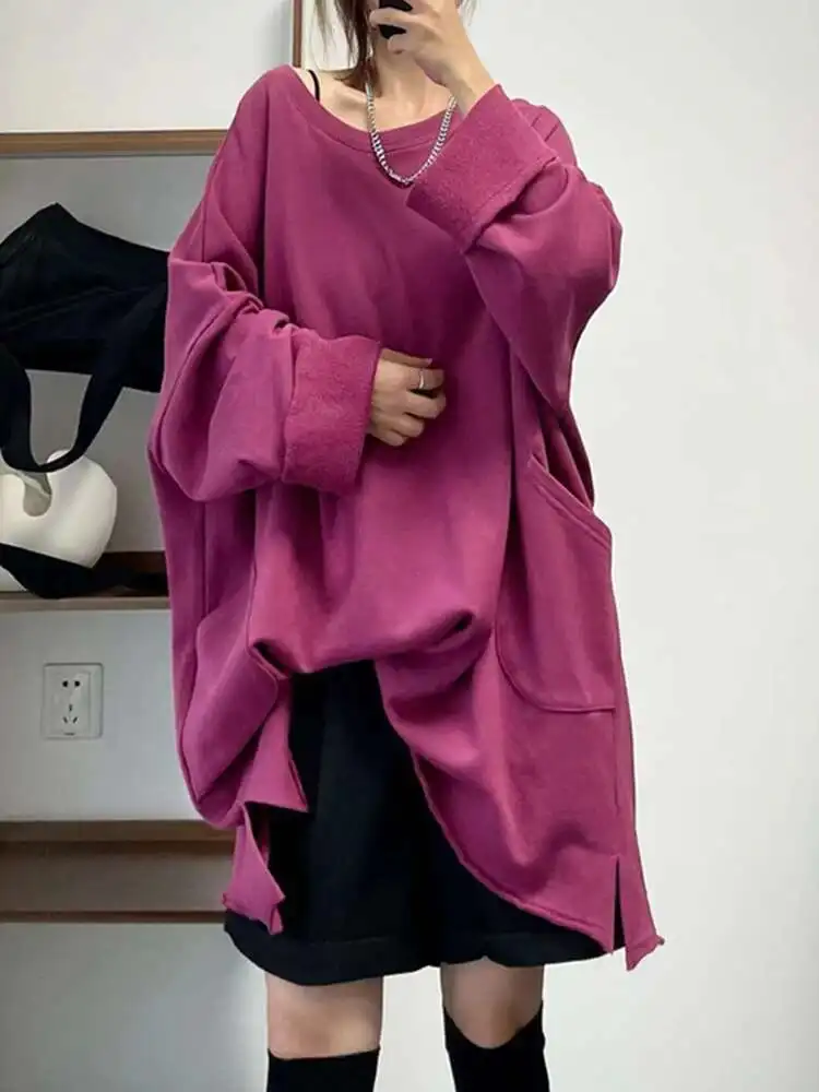 EAM Purple Big Pockets Casual Sweatshirt New Round Neck Long Sleeve Women Big Size Fashion Tide Autumn 2026 30A2867