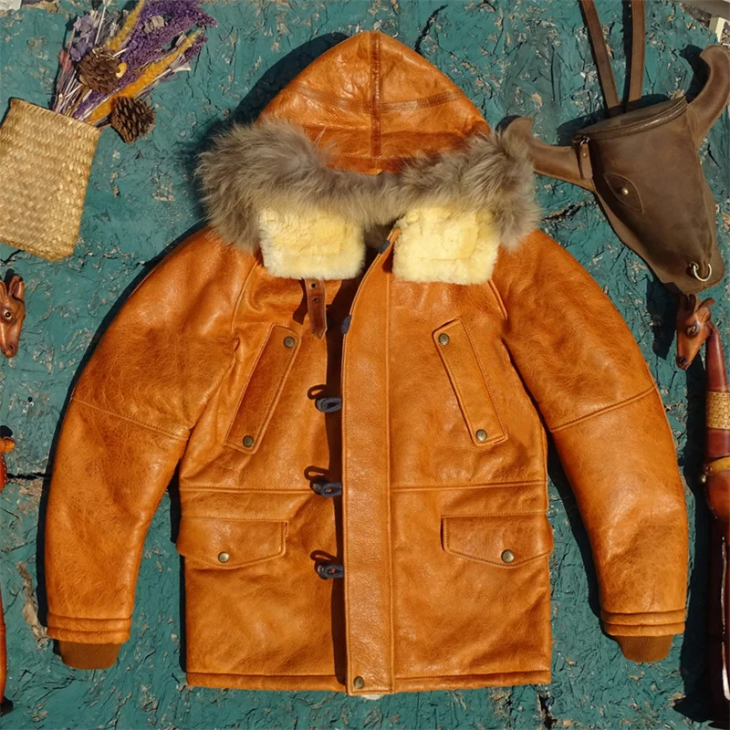 

Curphey N3B Men's Leather Jaet Hooded Long Sve Mid-Length Warmth Original Ecological Top-Layer eepskin Fur-Inclusive