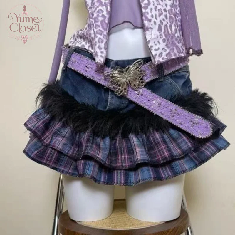 Fashion Design Skirts Vintage Y2K Purple Plaid Denim Patchwork Skirt Abby Spicy Girl Streetwear Style Casual Clothing 2026 New