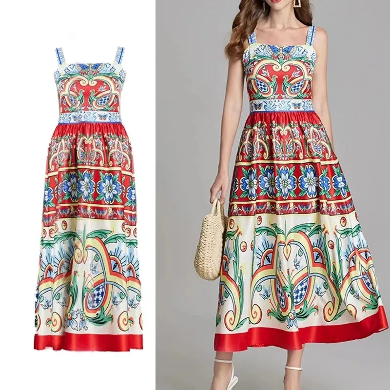 Vestido pirata boho de flor vintage feminino, sem mangas, colarinho quadrado, alça de espaguete, festa, casual, sexy, moda de verão, novo