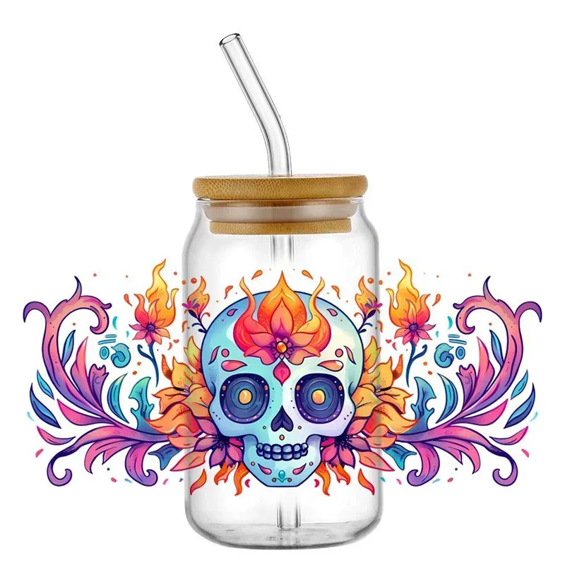 

skull UV DTF Transfer Sticker Libbey 16oz Glass Cups Can Wraps Rub On Sticker Waterproof Bottle Sticker Wholesale