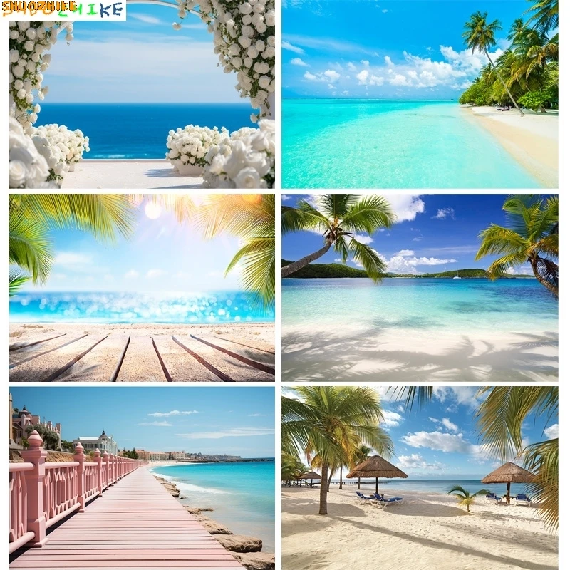 

Tropical Beach Natural Landscape Photography Backdrops Landscape Blue Sky Sea Palm trees Summer Vacation Photo Background ST-04