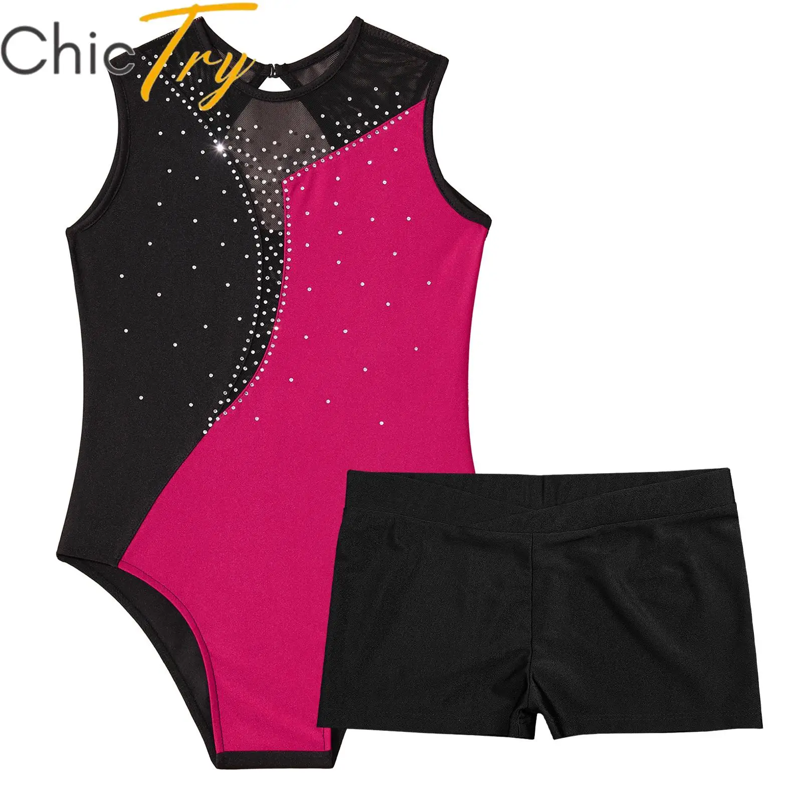 

Girls Ballet Gymnastics Leotard Sports Outfits Rhinestones Bodysuit with Shorts for Figure Skating Dance Exercise Competition