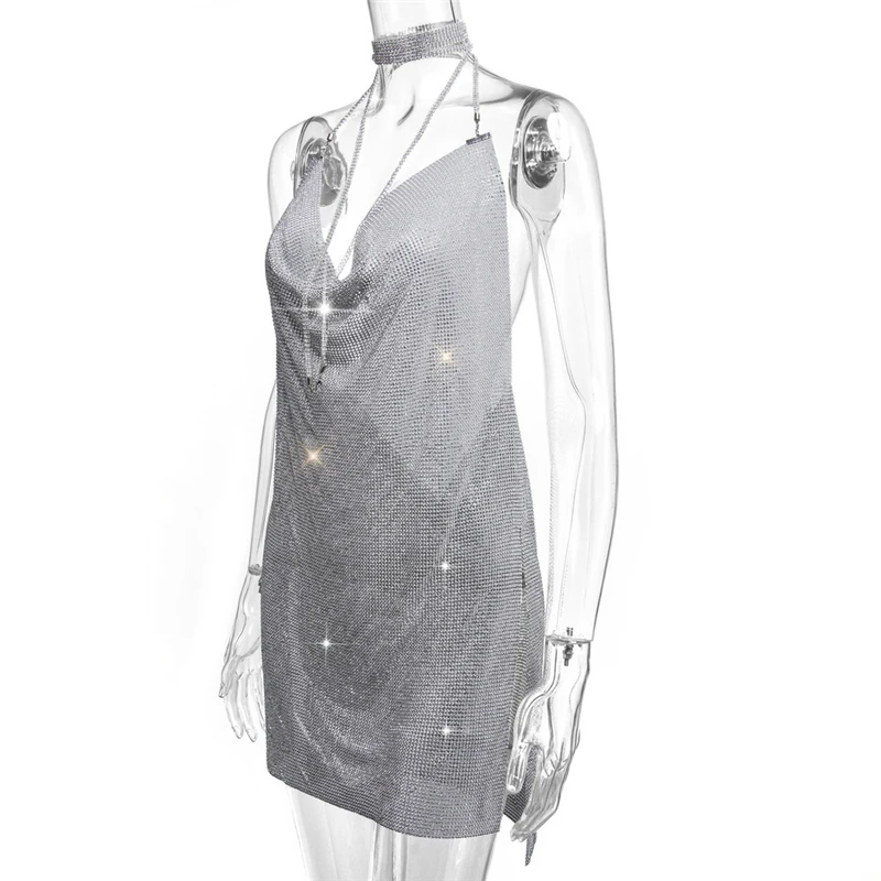 Damen Neckholder-Minikleid mit Strass-Netzstoff, Wasserfallausschnitt, Rückenfreies Bodycon-Kleid mit Schlitz, Kurzes Kleid für Nachtclub und Geburtstagsfeiern – Detail 7