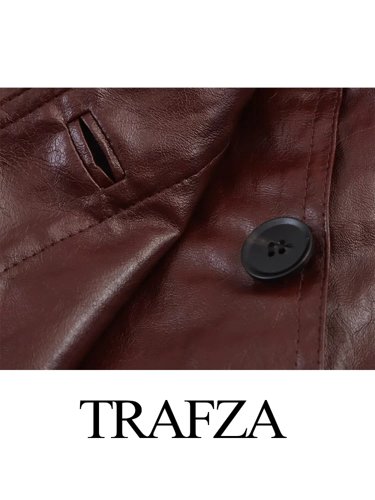 

HH Female 2025 Fashion Gloss Leather Long Sleeves Jacket Woman Lapel Buttons Trip Straps Vintage Asymmetric Casual Coat