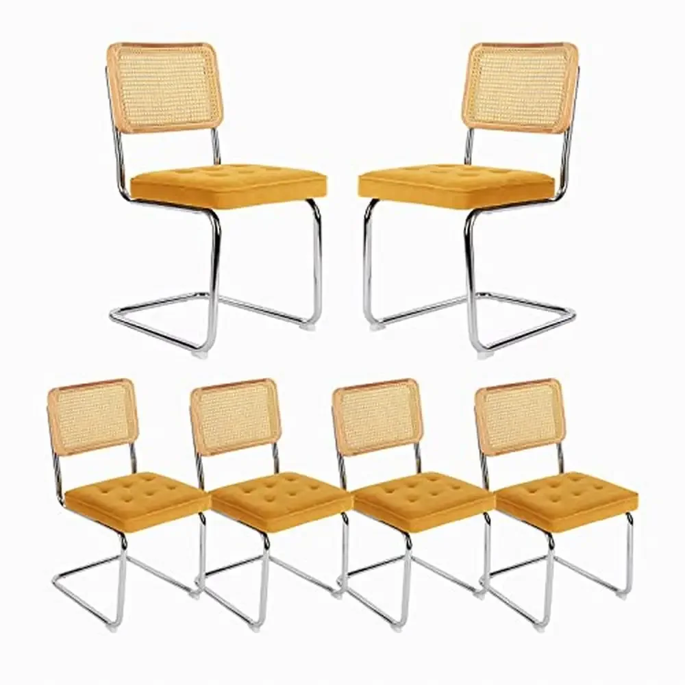 Mid Century Modern Dining Chairs Set of 6 Velvet Rattan Side Chairs Chrome Upholstered Seat Elegance Lightweight Dining Set