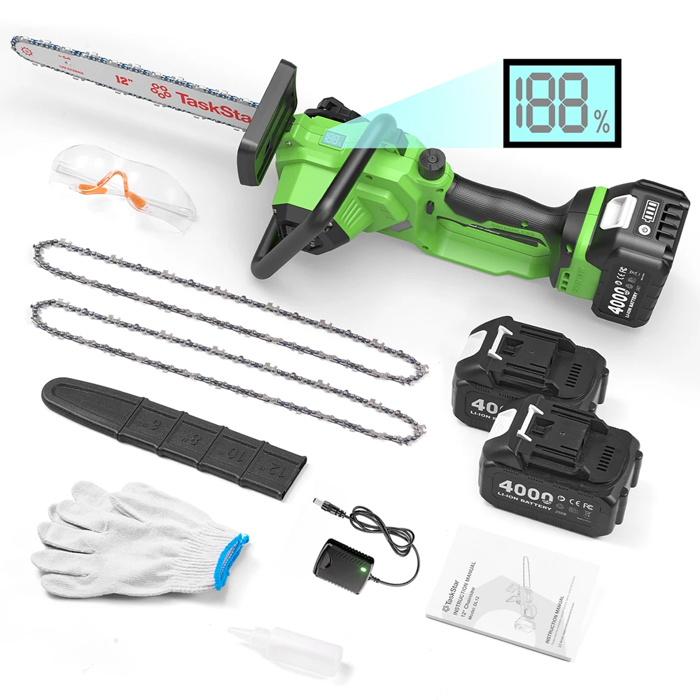 TaskStar 12-Zoll-Akku-Kettensäge mit bürstenlosem Motor, 8000 U/min, automatischer Ölfunktion, kabellose Holzsäge, Garten-Elektrowerkzeug zum Baumbesäumeln, mit 2 x 4000-mAh-Akku, kompatibel mit