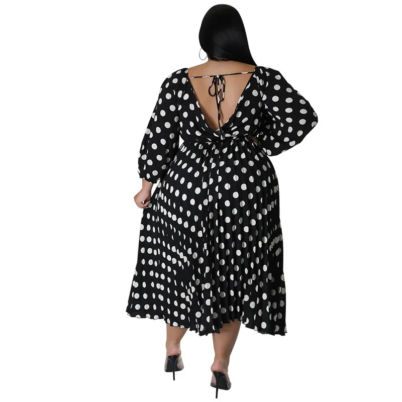 MY1028 plus size women's long sleeved one collar pleated printed polka dot dress with waist belt