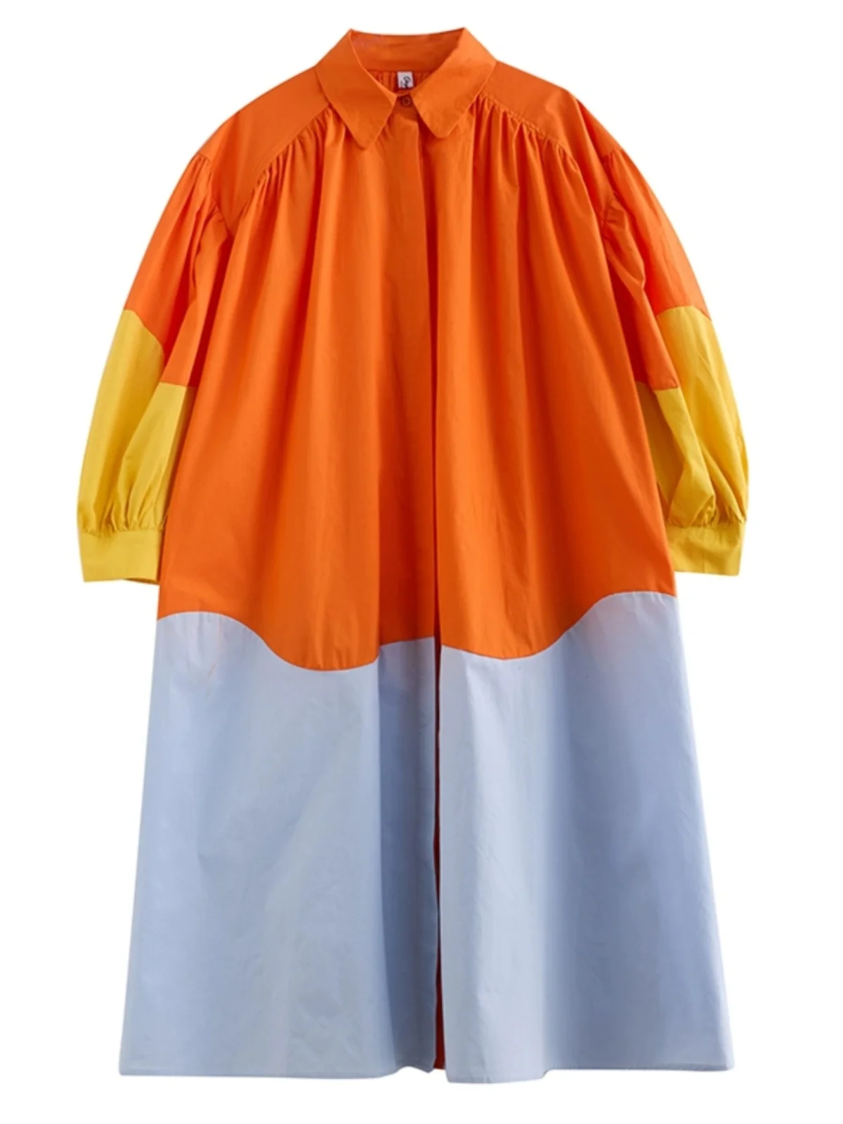 カジュアルなゆったりとしたランタン袖シャツワンピース カラーブロック 春秋 韓国風 おしゃれなレディースプラスサイズ服