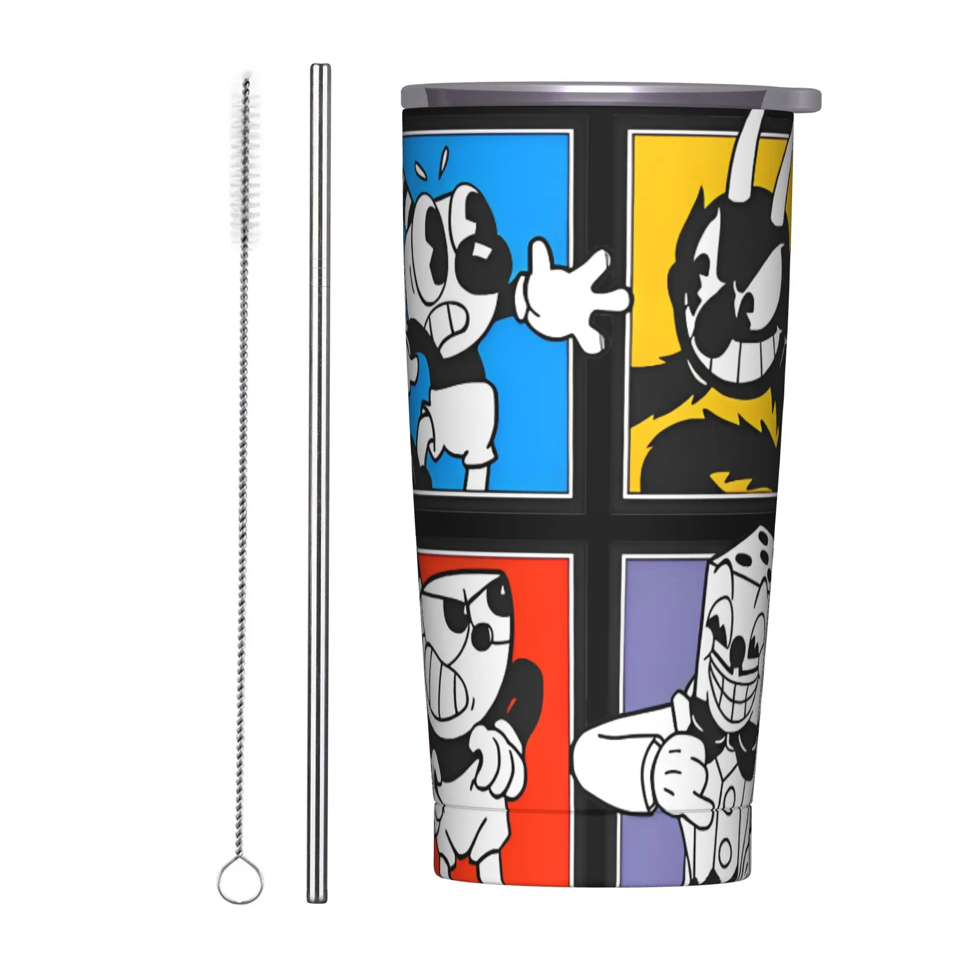 Cuphead Characters Insulated Tumbler with Straws Lid  Vacuum Thermal Mug Office Home Hot Cold Drinks Cups, 20oz