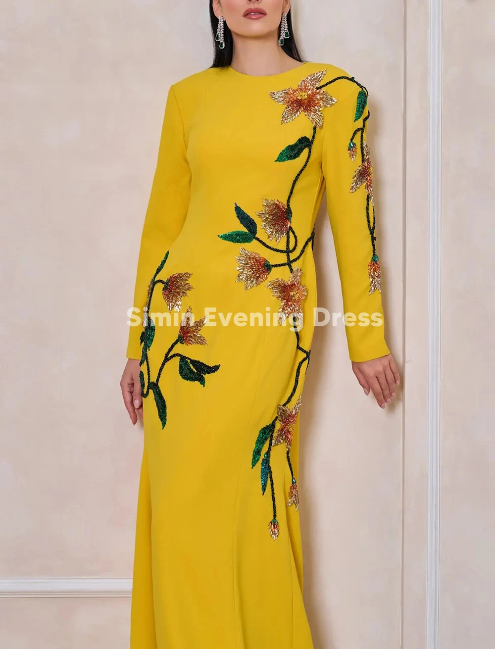 Simin – robe de soirée de forme sirène, drapée, col rond, perles, manches longues, longueur au sol, robes formelles élégantes, personnalisées, 2025