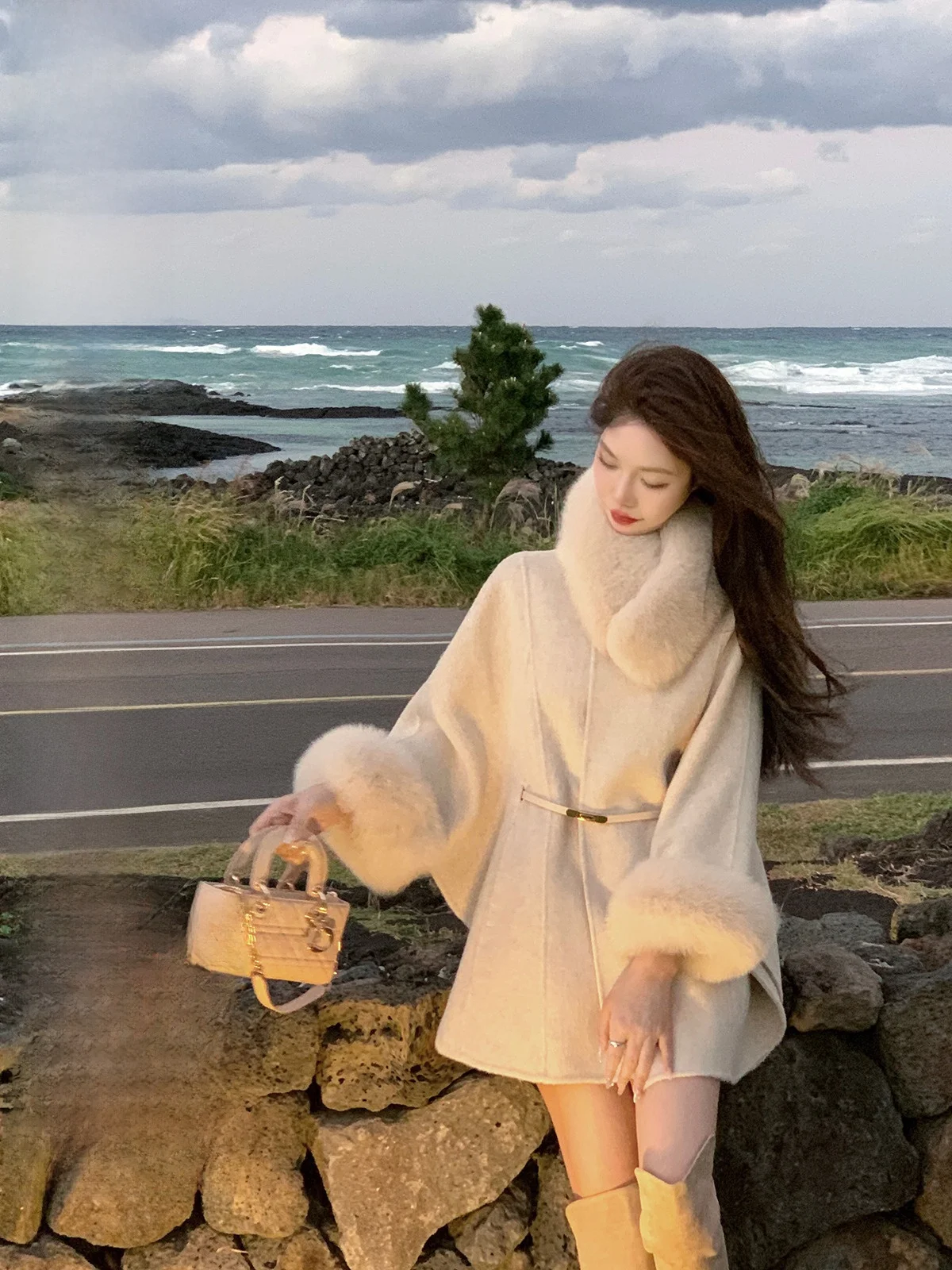 

JustQin Iceland Lovers Autumn Winter New Sle Double-sided Fur Cloak Coat Women's Faion Commute Slim Fit Long Sve