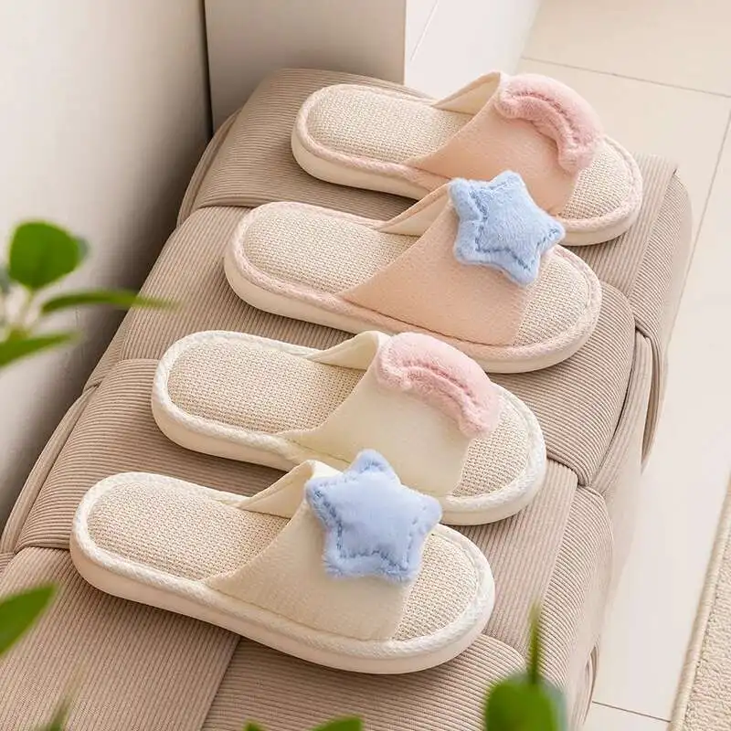 

Striped Linen Four Season Indoor Slippers Women Cotton Non-slip Soft Bottom Home Wood Floor Sandals Couple Flip Flops Slides