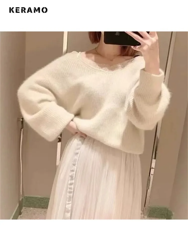 2025 inverno elegante sexy com decote em v tricô manga longa gyaru pullovers feminino coquette rendas retalhos bainha senhoras camisola branca
