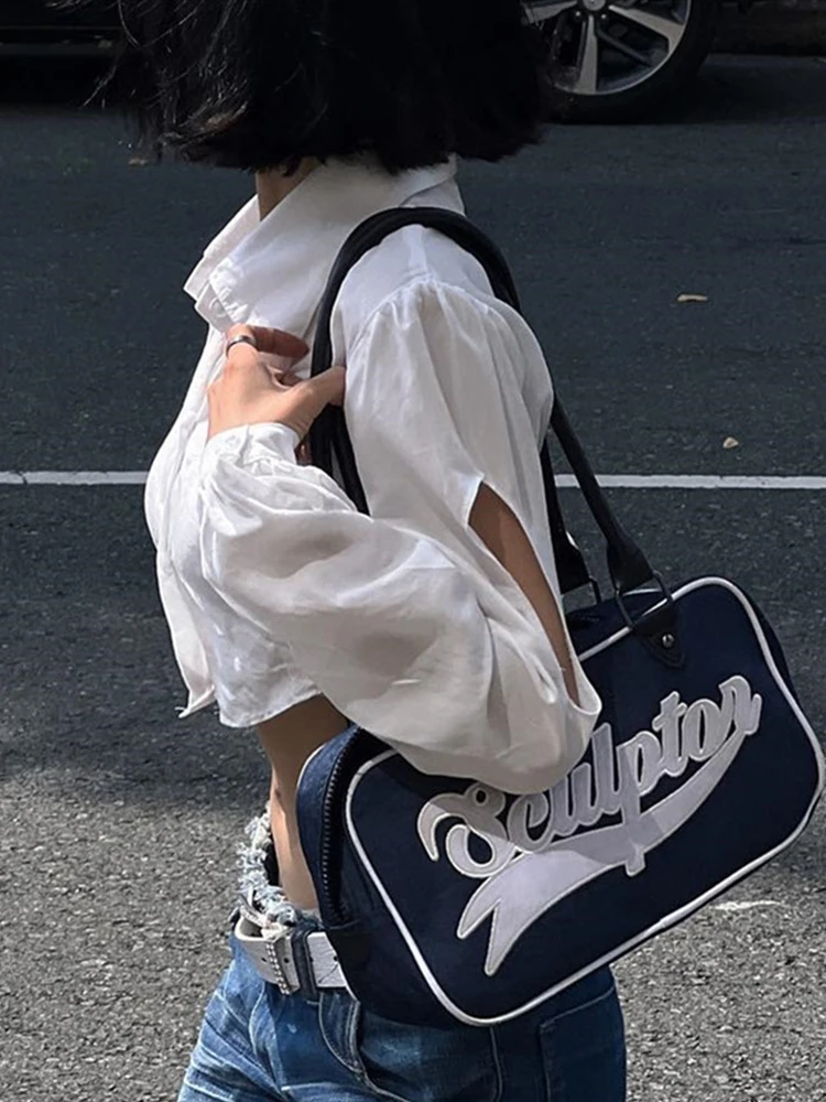 Blusa blanca con cuello vuelto, Top corto ahuecado, ropa Y2K, Top de manga larga, camisa de calle con botones, otoño y primavera