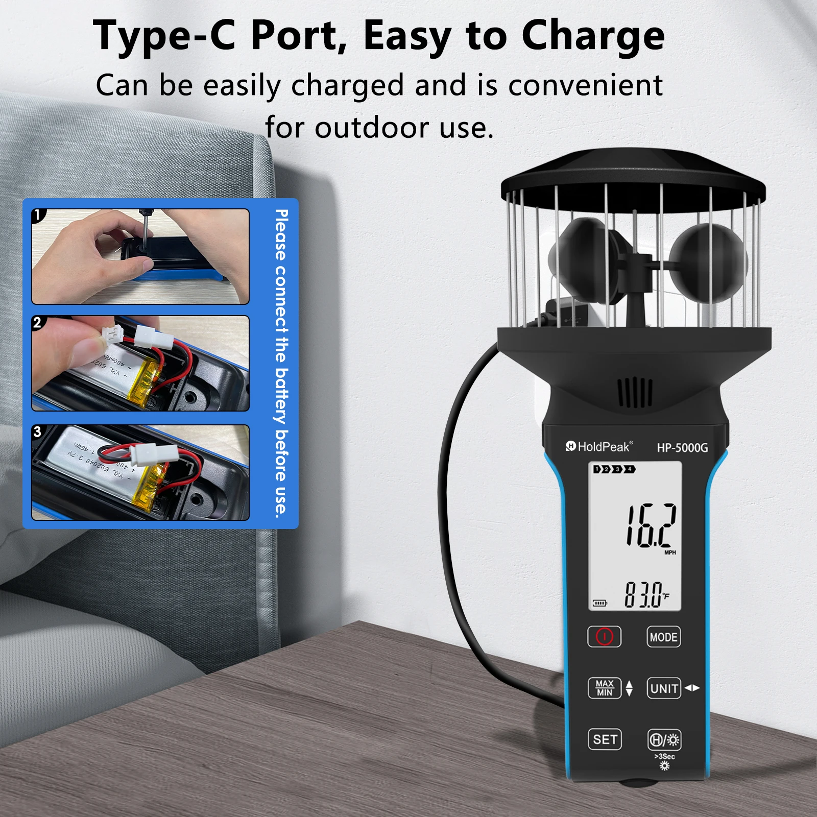 

Handheld Anemometer Wind Speed Air Volume Tester CFM CMS CMM ℃/℉ Rechargeable Testor
