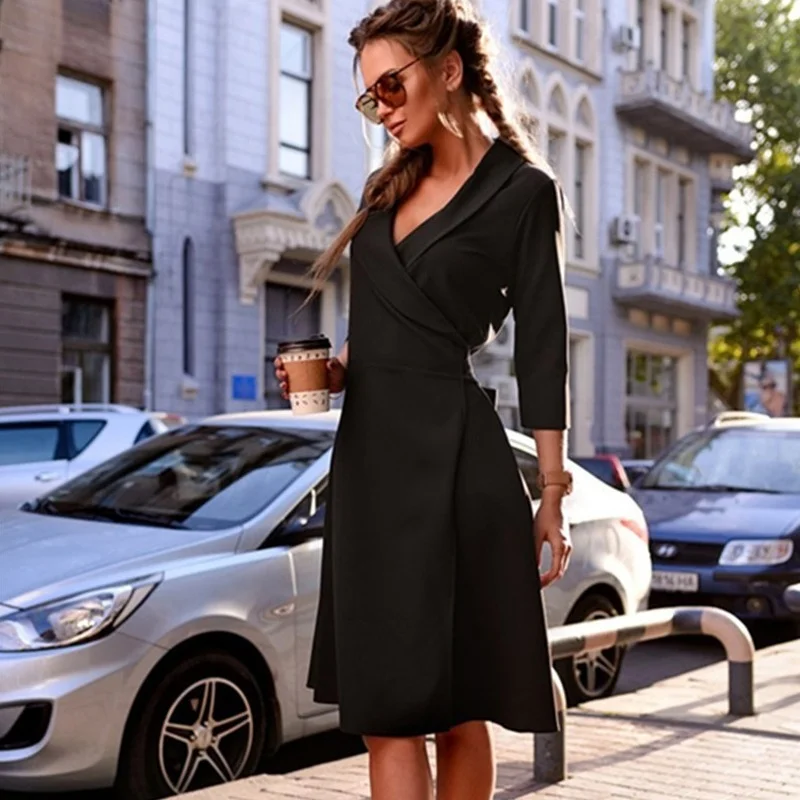 

Office Lady 2024 Autumn Spring Black Purple Female Dresses Formal Long Notched Neck A-line Elegant Night Party Prom Women Dress