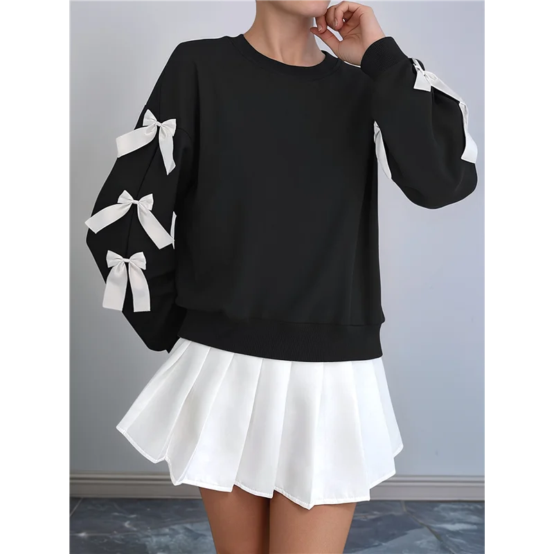 

AOAO-Women's Y2K Ribbon Long Sleeve Top - Crew Neck Red Christmas & New Year Bowknot Oversized Pullover Shirt