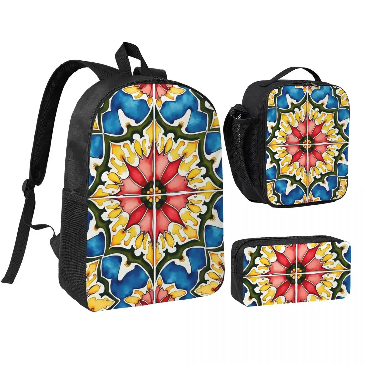 Mediterranean,colorful,vibrant,mosaic Tiles Art 1 Backpack BookBag School Bag Shoulder Bags 3ps Insulated Lunch Bag Pencil Case