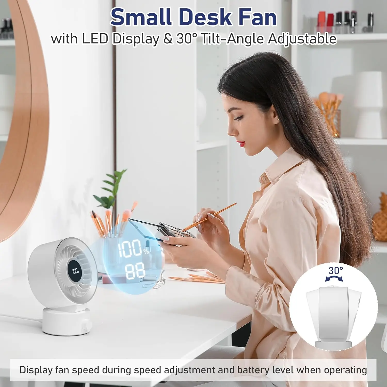 デスクファン小型静音充電式 1200mAh USB バッテリーポータブルデジタルディスプレイ 30 °   チルト調整可能 100段階速度