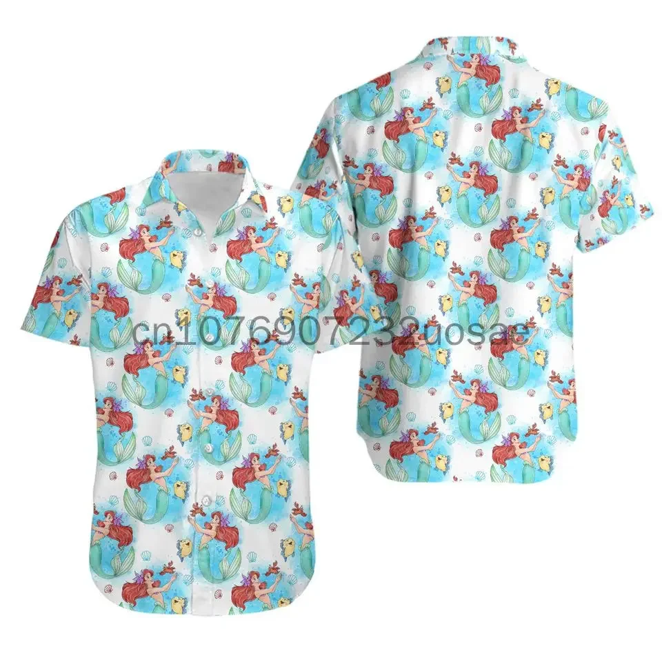 2024 Disney Ariel  Princess Hawaiian Shirt Men And Women Summer Short Sleeve Button Up Shirt Hawaiian Shirt Casual Beach Shirt