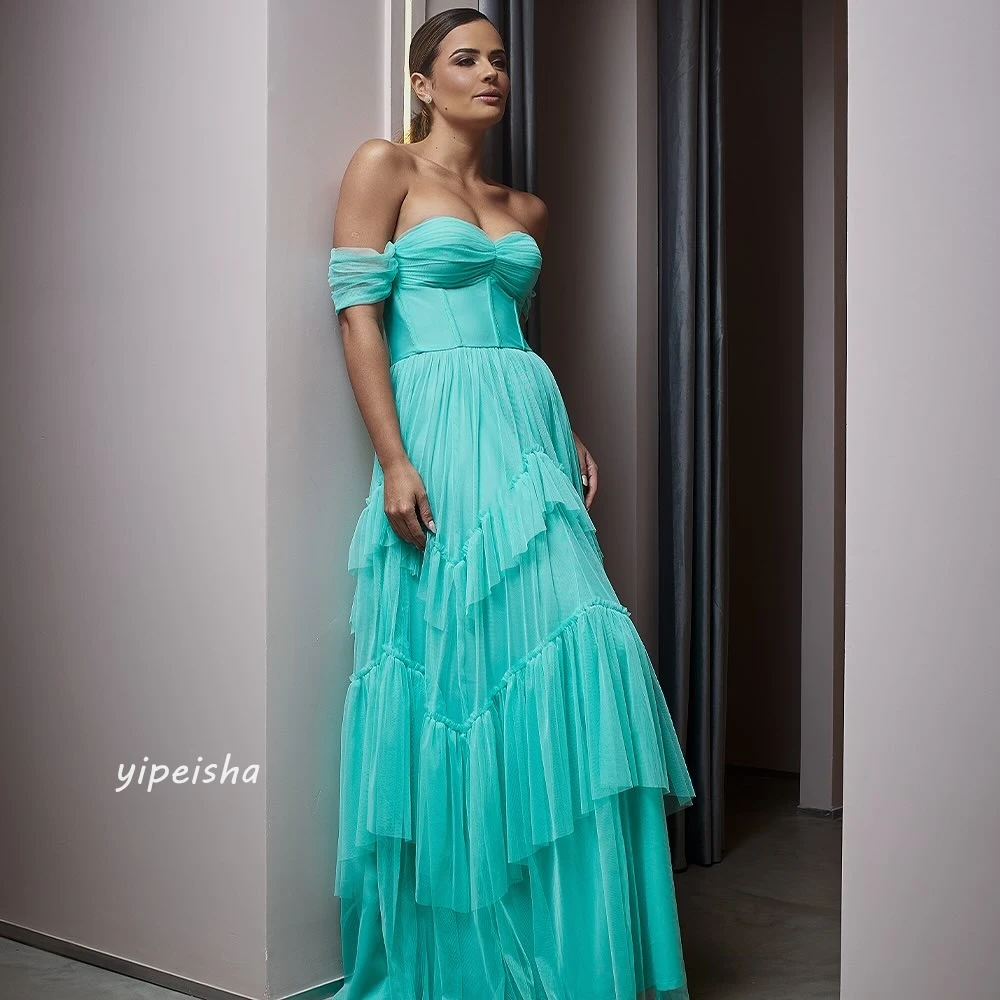 Robe trapèze en tulle drapé à plusieurs niveaux, épaules dénudées, sur mesure, robes longues pour les occasions d'anniversaire